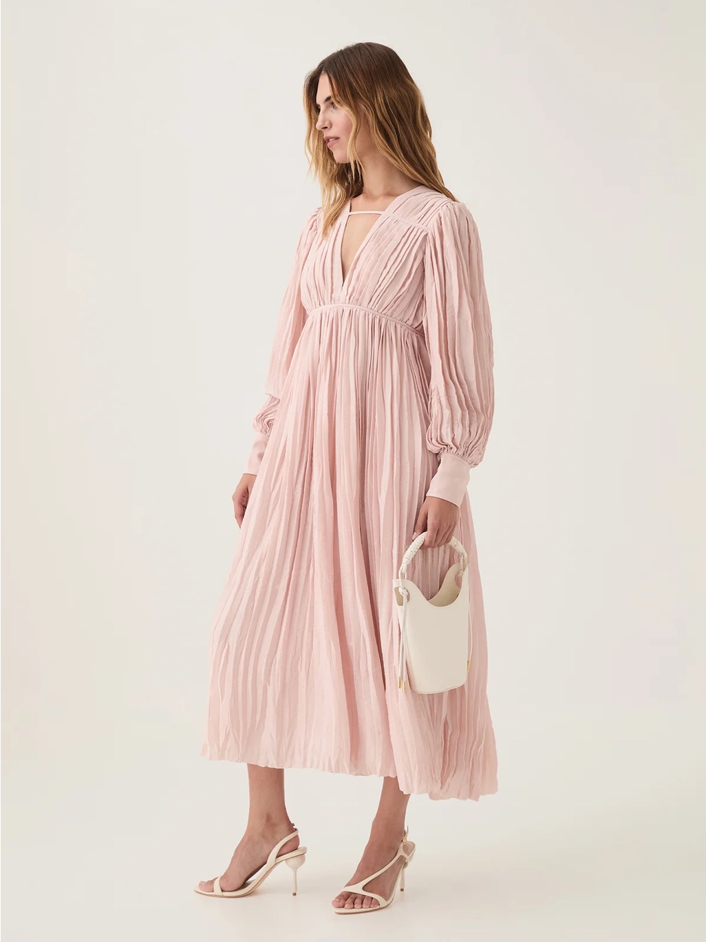 Aje Blush Pink Pleated Midi Dress With V-Neck
